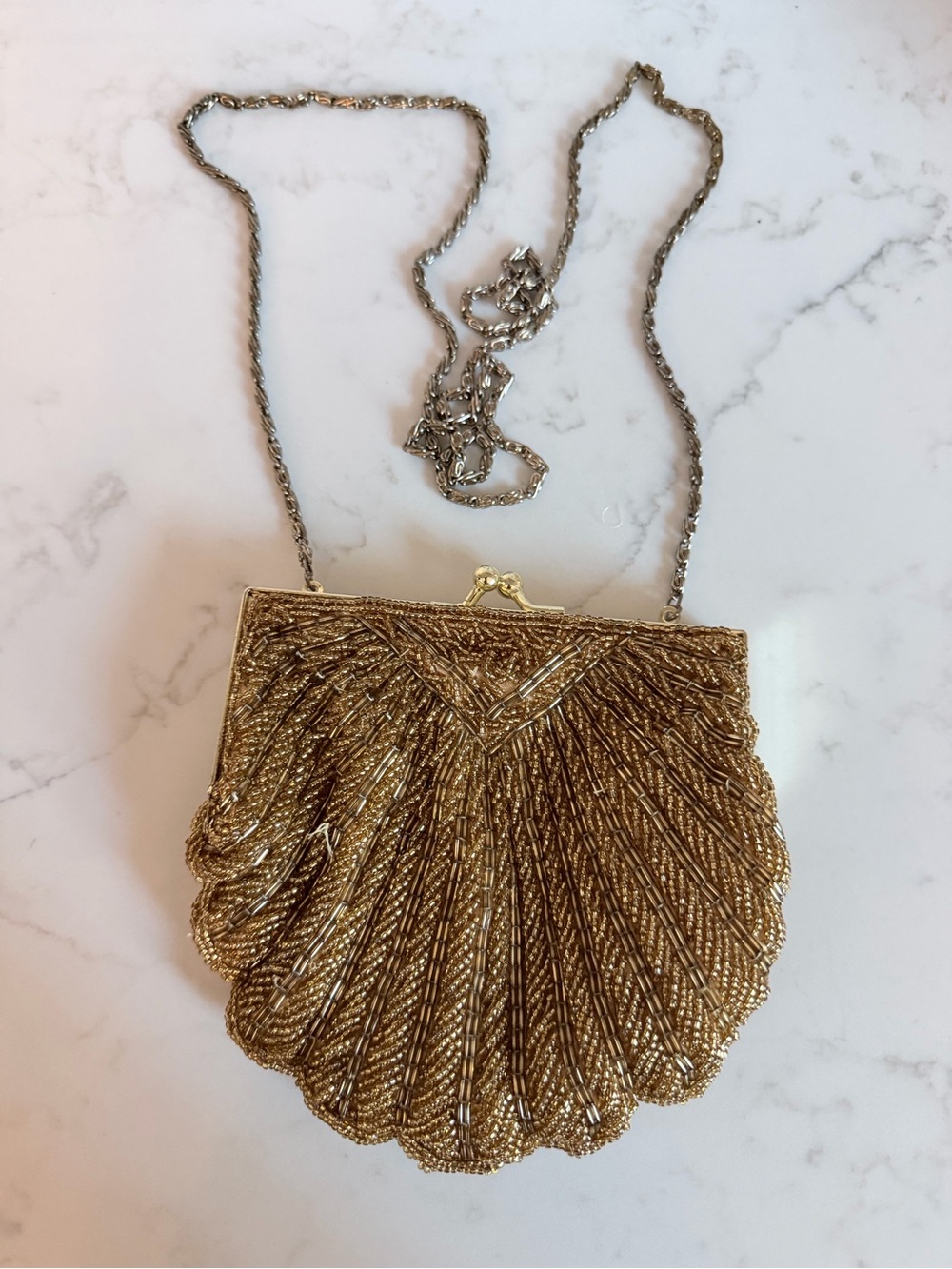 Vintage Gold Beaded Shell Evening Bag with Chain Strap